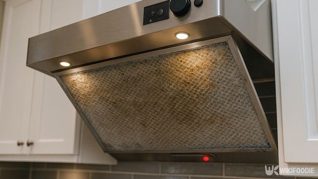 기름때가 잔뜩 눌어붙은 주방 후드 필터가 장착된 모습이다.&nbsp;/ 위키푸디