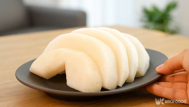 얇게 썬 배 조각을 검은 접시에 가지런히 올린 모습이다. / 위키푸디