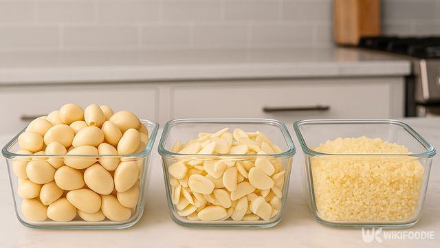 깐마늘, 슬라이스 마늘, 다진 마늘을 각각 유리용기에 담아 놓은 모습이다. / 위키푸디