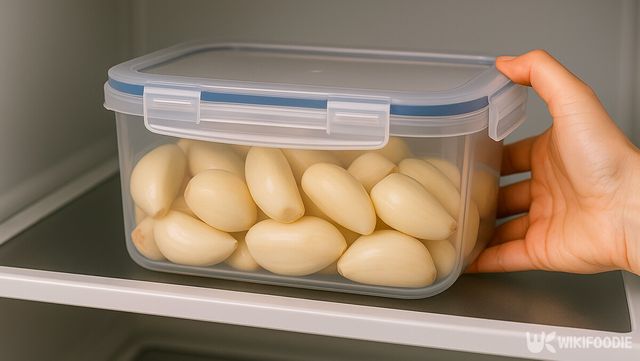 손질한 마늘을 밀폐용기에 담아 냉장 보관을 하는 모습이다. / 위키푸디
