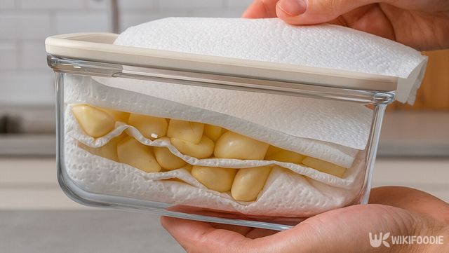 깐 마늘을 키친타월로 감싸 밀폐용기에 보관하는 과정이다. / 위키푸디