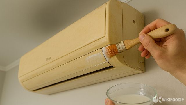 노랗게 뜬 에어컨 외관에 산화제를 붓으로 고르게 바르는 장면이다. / 위키푸디