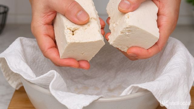 데친 두부를 면포 위에 올려 물기를 빼려고 하고 있다.&nbsp;/ 위키푸디