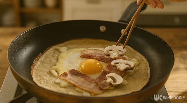 베이컨, 양송이버섯을 넣고 반죽을 굽고 있다. 기호에 따라 다른 재료를 넣어도 좋다. / 위키푸디