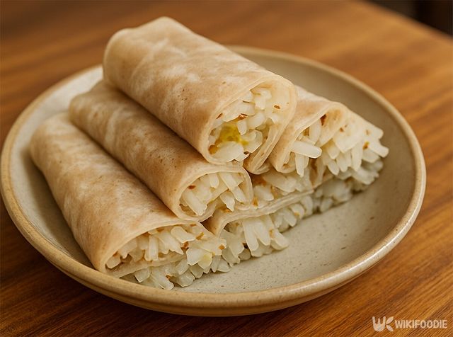 메밀부침에 무나물을 넣고 돌돌 말아놓은 제주 빙떡이 접시에 담겨 있다. / 위키푸디