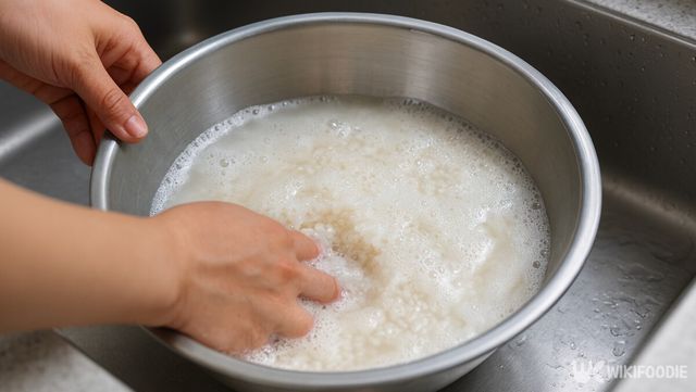 찹쌀을 여러 번 헹궈 고슬고슬하게 씻어내는 과정이다. / 위키푸디