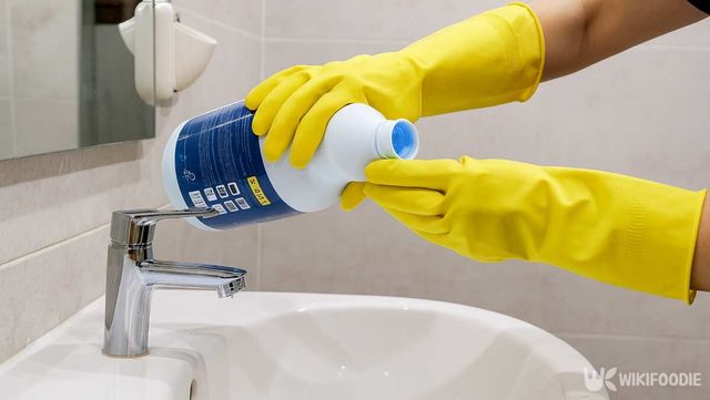 고무장갑을 낀 채 세면대 위에 락스를 붓는 모습이다. / 위키푸디