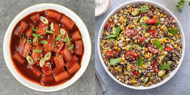 정제 탄수화물로 만든 떡볶이와 복합 탄수화물로 만든 퀴노아 샐러드가 놓여 있다. / Ika Rahma H, Elena Veselova-shutterstock.com