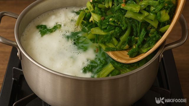 멸치 육수에 버무린 얼갈이배추를 넣어 끓이는 과정이다. / 위키푸디