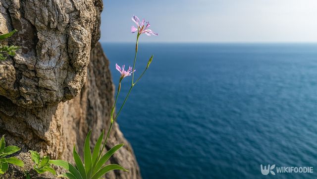 서해 절벽 위에서 대청부채가 꽃을 곧게 피우고 있다. / 위키푸디