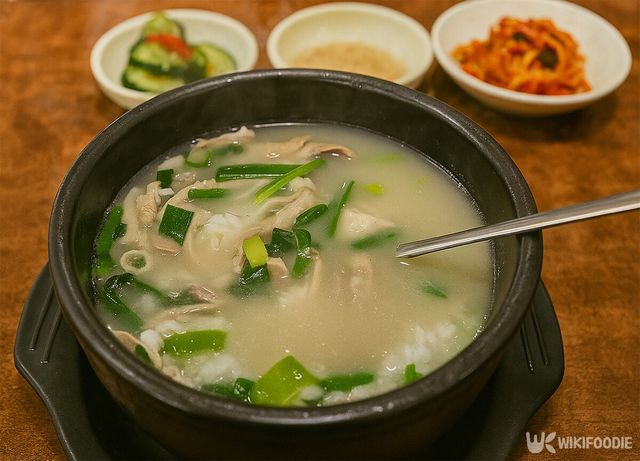 대표 메뉴인 돼지국밥과 밑반찬이 놓여 있다. / 위키푸디