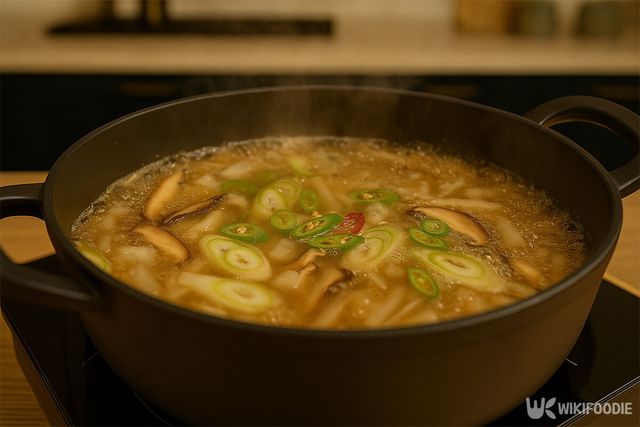 냄비에 모든 재료를 넣고 끓인다. 매콤하게 먹고 싶다면 청양고추를 추가해 준다. / 위키푸디