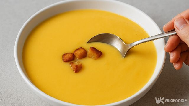 부드럽고 달콤한 늙은 호박죽이 따뜻하게 담겼다. / 위키푸디