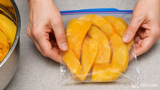 손질한 늙은호박을 조각내어 냉동 보관 준비를 하고 있다. / 위키푸디