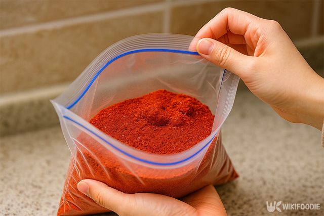 지퍼백에 잘게 나뉜 고춧가루. / 위키푸디