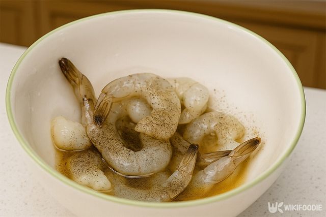 새우에 맛술과 후추를 넣은 후 재우고 있다. / 위키푸디