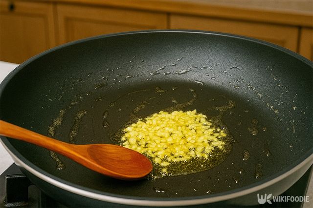 마늘을 약불에 천천히 볶고 있다. / 위키푸디