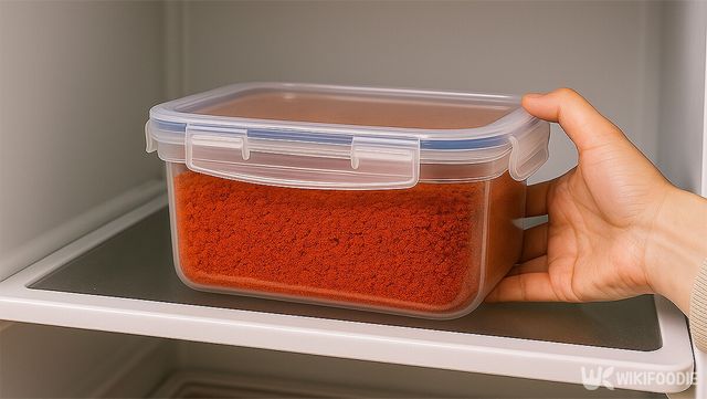 고춧가루가 담긴 밀폐 용기를 냉장고에 넣고 있다. / 위키푸디