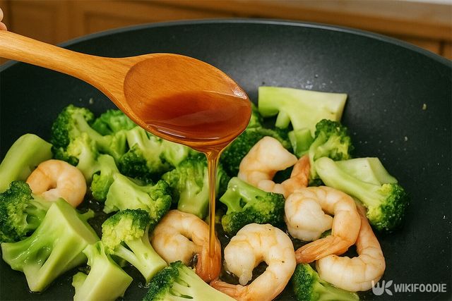 브로콜리, 새우에 소스를 넣고 있다. / 위키푸디