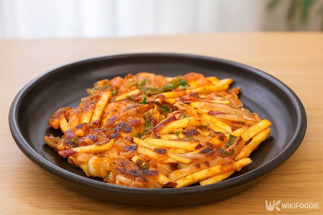 완성된 고구마 김치전이 접시에 담겨 있다. / 위키푸디