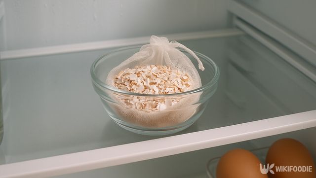 잘게 부순 계란 껍데기를 거름망에 담아 냉장고 냄새를 줄이는 데 쓰는 모습이다. / 위키푸디