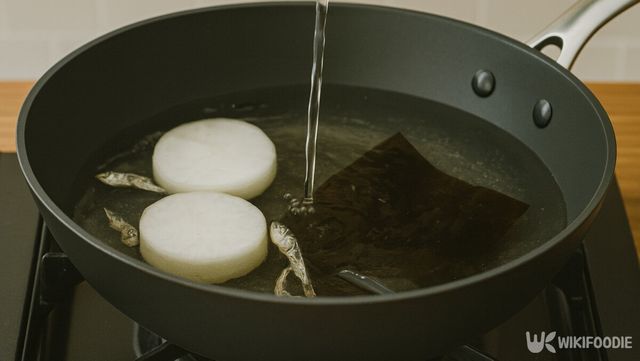 무와 멸치, 다시마를 넣어 기본 육수를 우리기 시작하는 장면이다. / 위키푸디