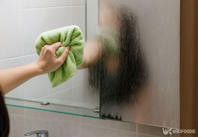 비누로 거울을 문지른 뒤 수건으로 닦아내고 있다. / 위키푸디