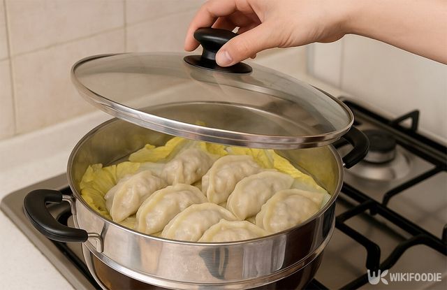 냄비 뚜껑을 열고 있다. / 위키푸디