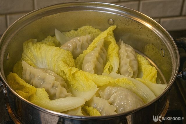 면보대신 알배추를 깔아 만두를 찌고 있다. / 위키푸디