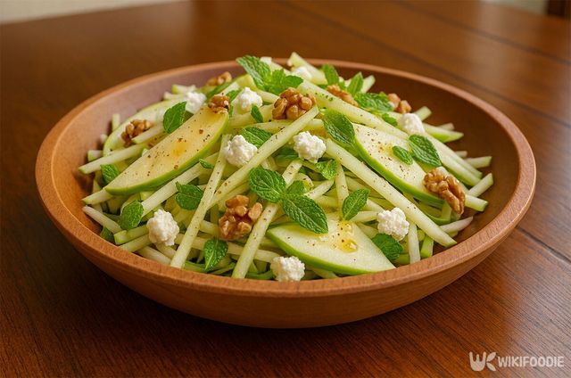 콜라비로 만든 샐러드가 식탁 위에 올려져 있다. 콜라비는 비타민C와 섬유질이 풍부하다. / 위키푸디