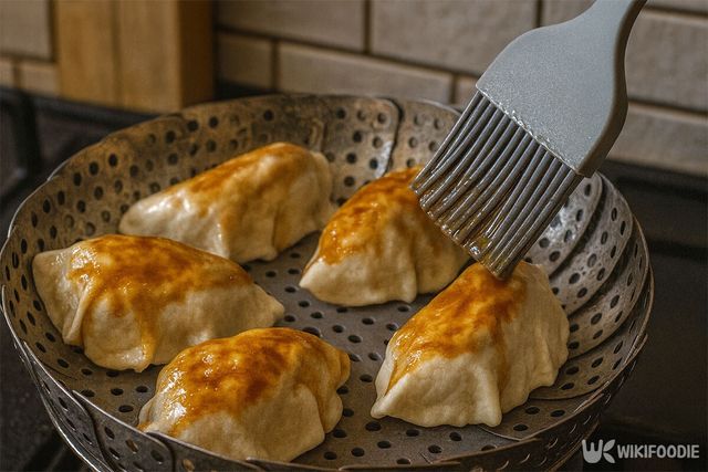 만두 표면에 간장·식초 소스를 바르고 있다. / 위키푸디