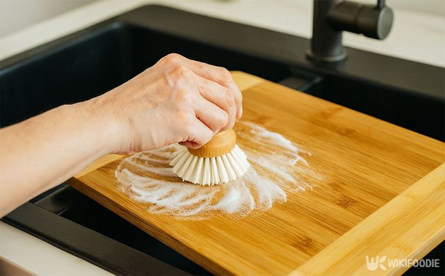 나무 도마 위에 베이킹 소다를 뿌린 뒤 솔로 문지르고 있다. / 위키푸디