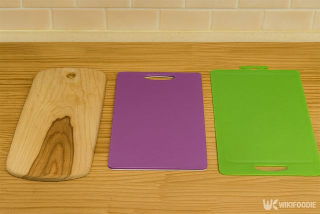나무 도마, 플라스틱 도마, 실리콘 도마가 나란히 놓여 있다. / 위키푸디
