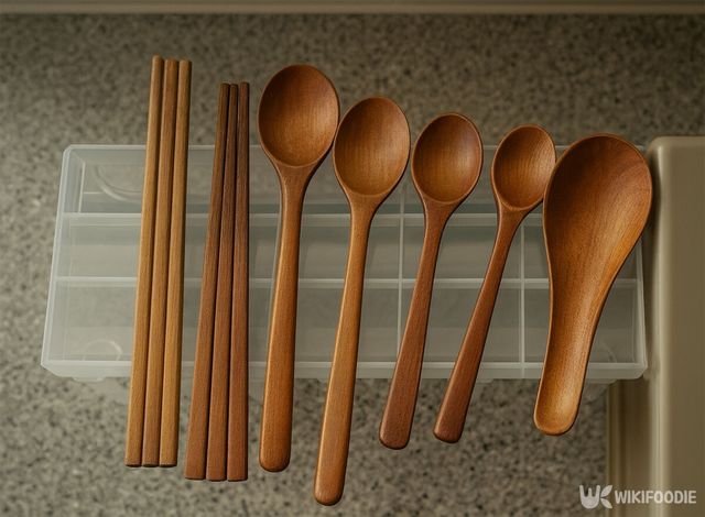 햇빛이 안 드는 그늘에 나무 수저를 말리고 있다. / 위키푸디