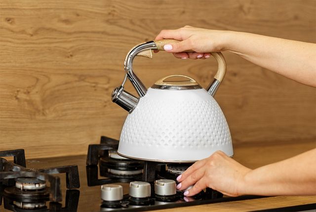 가스레인지에 주전자를 올리고 있다. / OlhaTsiplyar-shutterstock.com