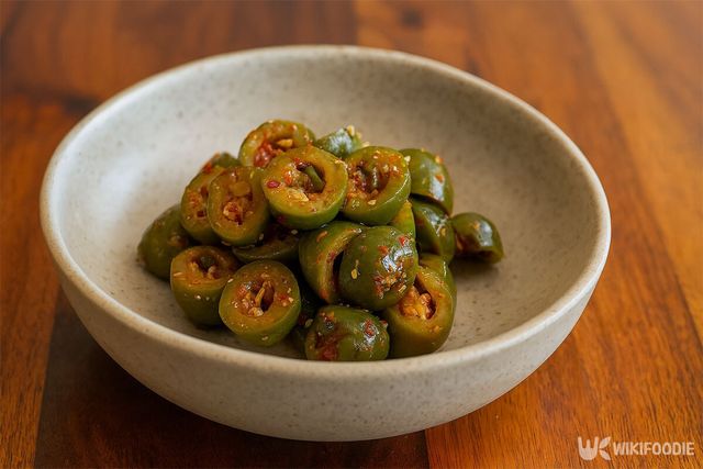 올리브무침이 접시에 담겨 있다. / 위키푸디
