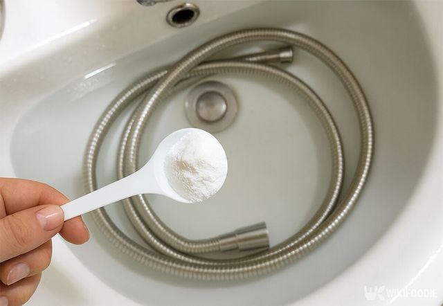 샤워기 호스가 담긴 물에 구연산을 넣고 있다. / 위키푸디