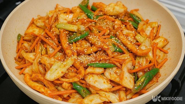 완성된 오징어볶음이 접시에 담겨 있다. / 위키푸디