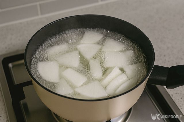 손질된 무를 끓는 물에 데치고 있다. / 위키푸디