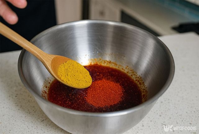 양념장이 담긴 볼에 카레 가루를 넣고 있다. / 위키푸디
