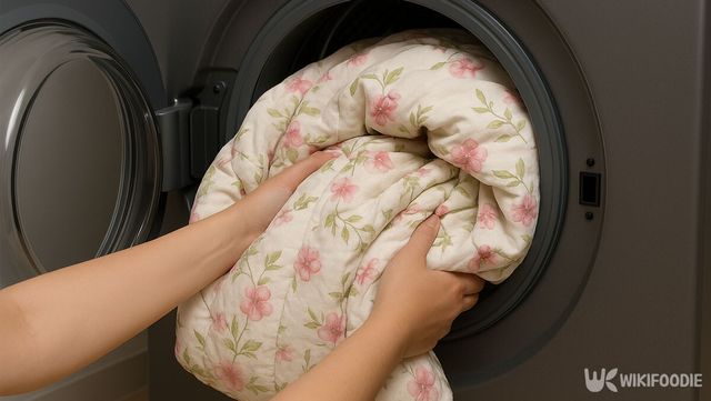 세탁기에 이불을 구겨넣고 있다. / 위키푸디