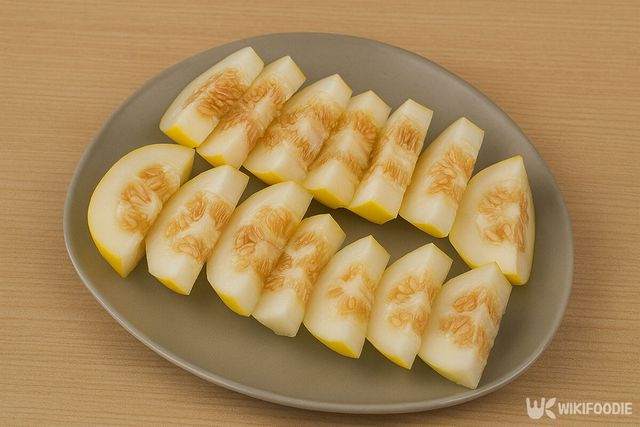 씨앗을 제거하지 않은 참외가 접시에 담겨 있다. / 위키푸디