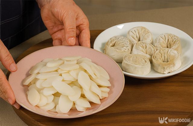 접시에 떡과 만두가 각각 담겨 있다. / 위키푸디