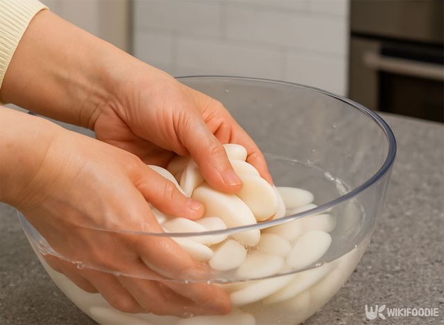 떡국떡을 물에 헹구고 있다. / 위키푸디