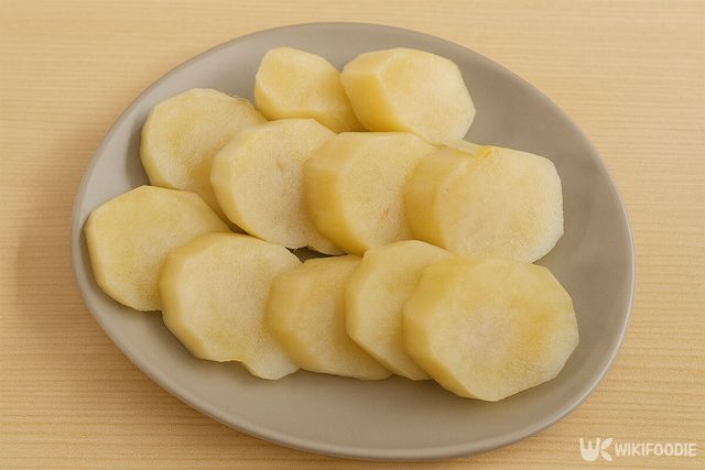 껍질을 벗겨 썰린 야콘이 접시에 담겨 있다. / 위키푸디