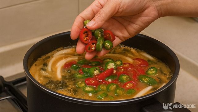 시래기국에 청양고추를 넣고 있다. / 위키푸디