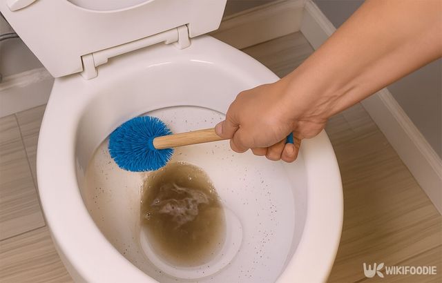 식초와 후추가 섞인 물을 내리면서 변기 내부를 솔로 문지르고 있다. / 위키푸디