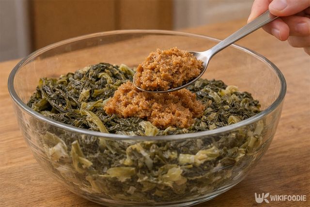 시래기가 담긴 볼에 된장을 넣고 있다. / 위키푸디