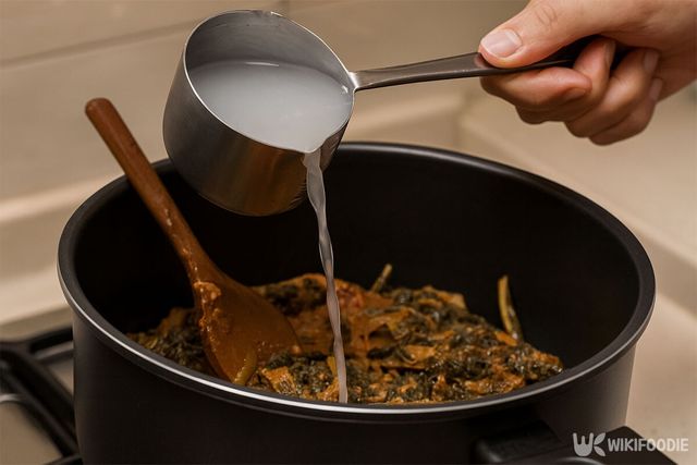 밑간이 된 시래기가 담긴 냄비에 쌀뜨물을 붓고 있다. / 위키푸디