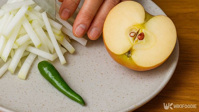 채 썬 무와 반으로 자른 사과, 청양고추가 준비되어 있다. / 위키푸디